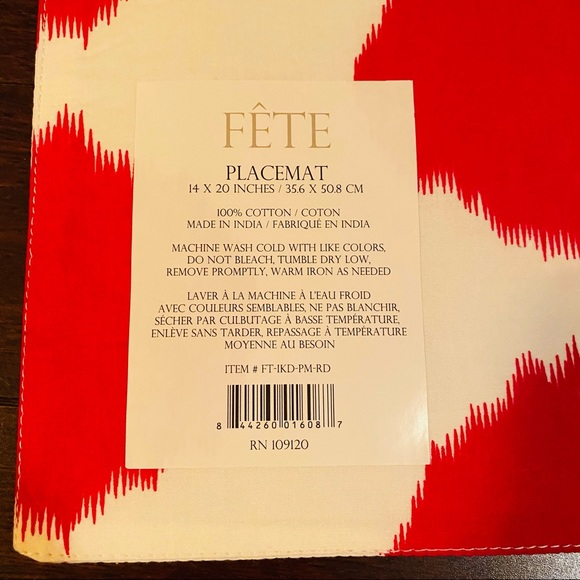 4 NWT Fete Placemats Red and White 14” x 20” 100% Cotton - Picture 3 of 4